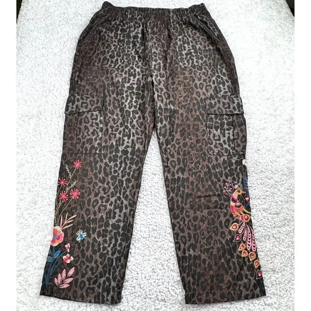 Johnny Was Workshop Shuri Leopard Embroidered Floral Cargo Pant Large